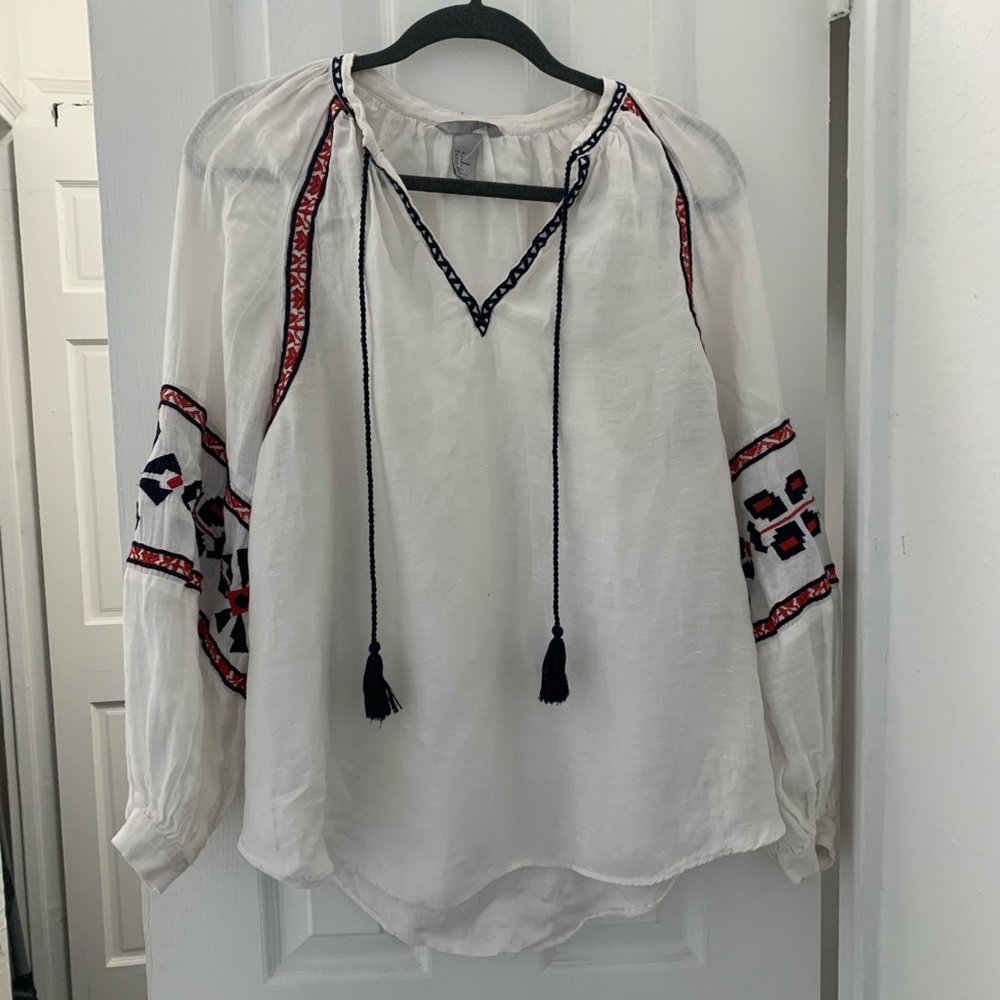 H&M Embroidered Puff Sleeve White Red Long Sleeve Top Size 6